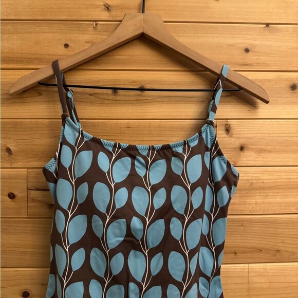 Garnet Hill Size 8/Medium Brown Blue Floral Leaf Pattern One Piece Swimsuit - Picture 6 of 14